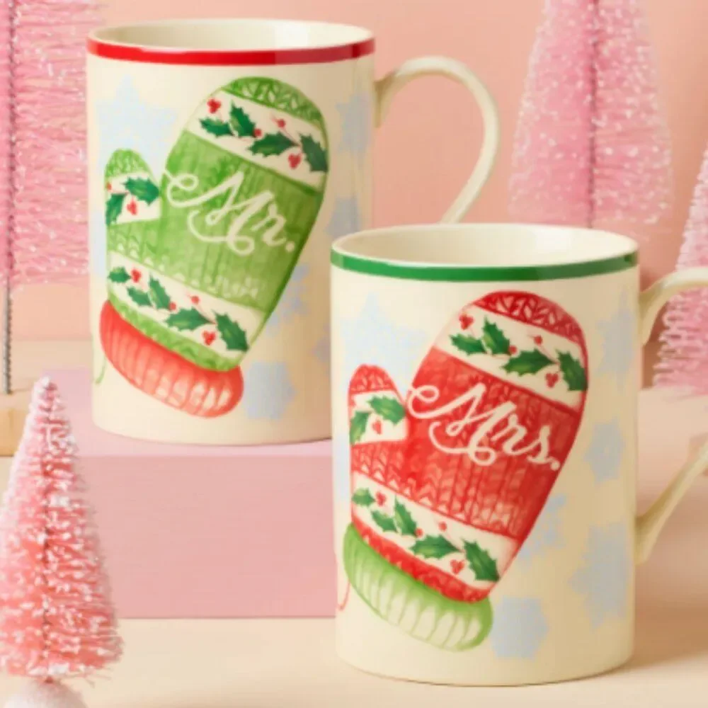 2 Sets Lenox Holiday Mr. & Mrs Graphic Porcelain Mugs